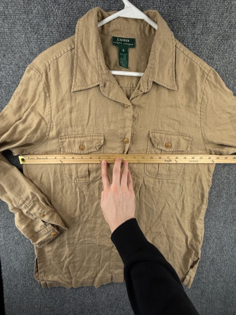 Lauren Ralph Lauren All Linen Size 16 Women Button Up Shirt Tan Long Sleeve - Picture 5 of 16